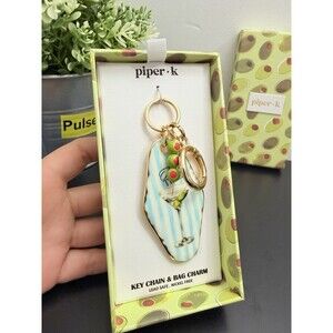 Martini Glass Keychain Bag Charm By Piper•K Blue Stripe And Green Olives Charm